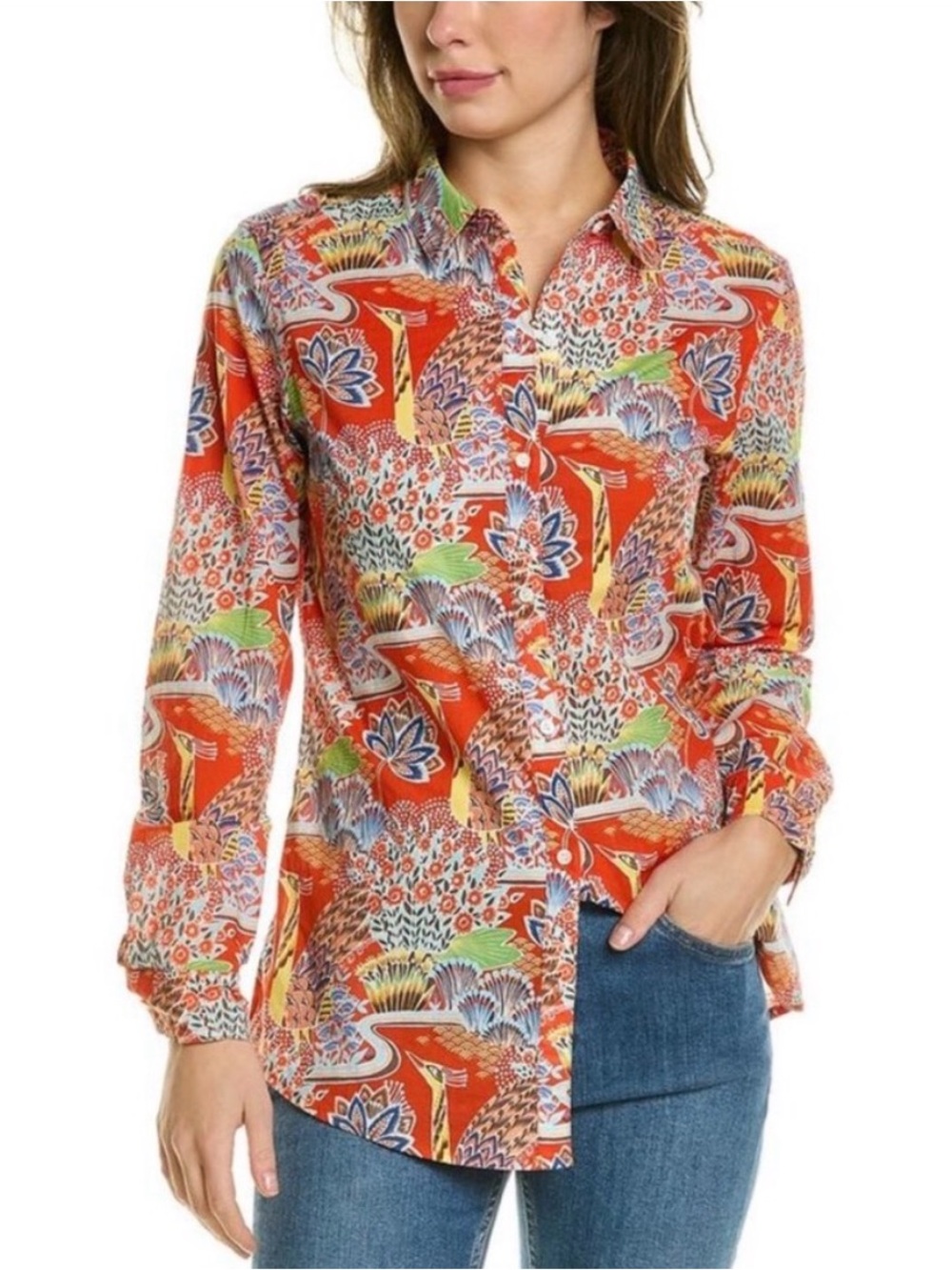 J. McLaughlin Lois Red Peacock Print Cotton Button Down Shirt Blouse Top